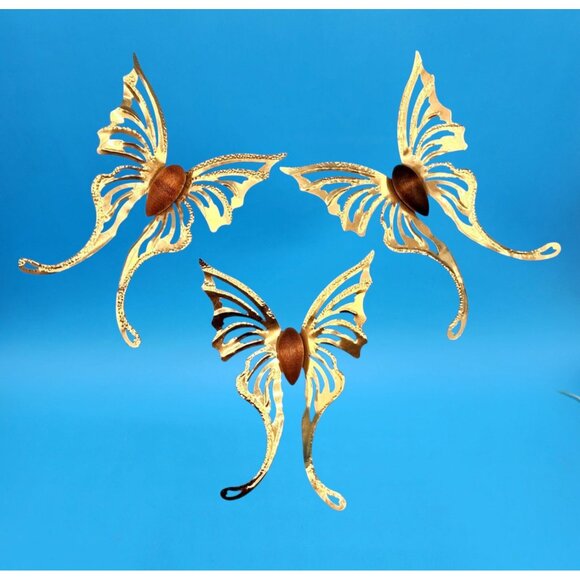 Vintage 1960s Brass & Teak Butterfly Wall Art Set of 9 MCM Danish Modern Decor - Picture 3 of 8